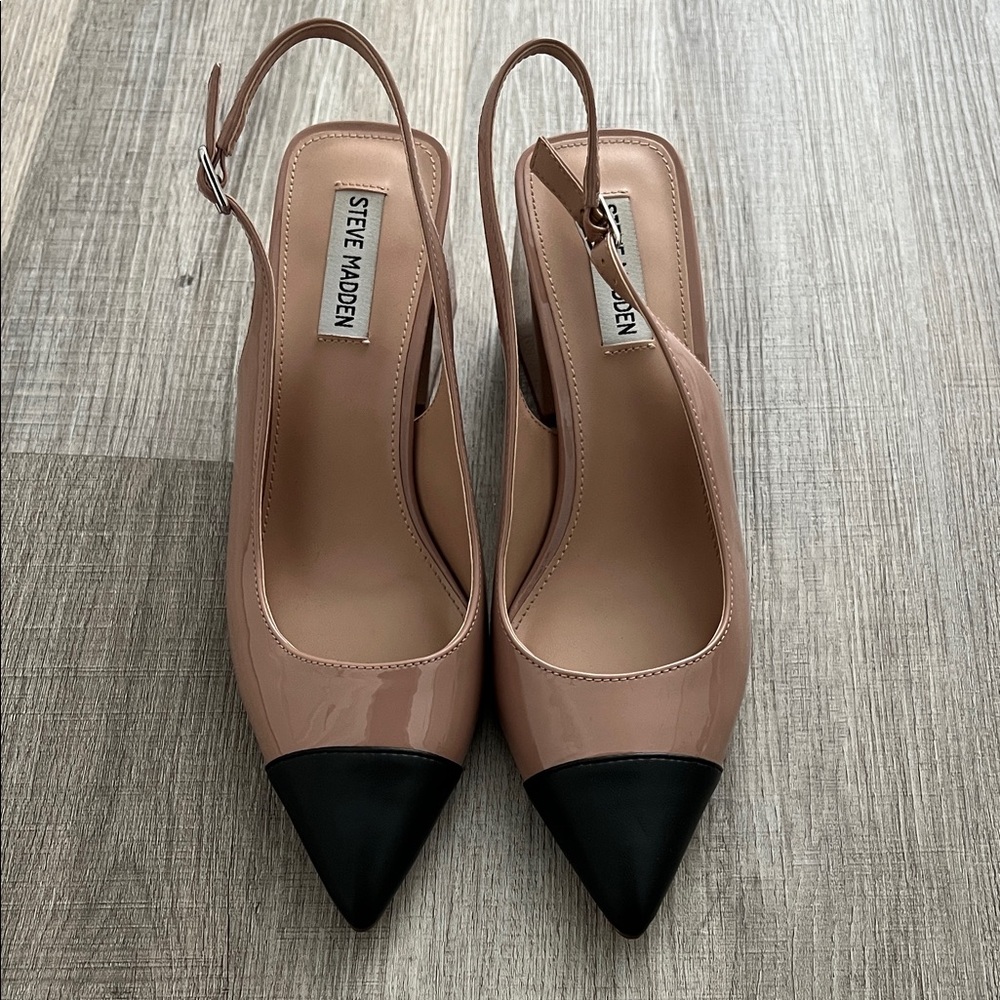 Steve Madden Nude and Black Pointed Sling Back Heels